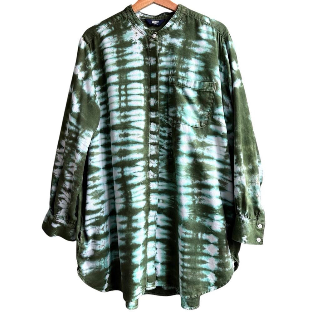 Lands End Tie Dye Tunic Button Down Shirt Cotton Long Sleeve 1X 16-18 Green